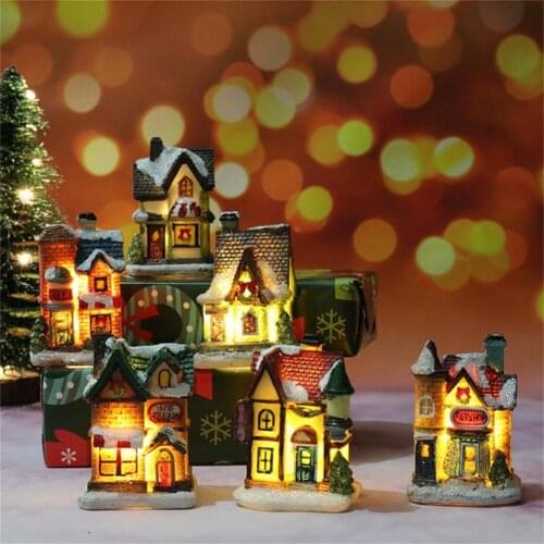 Christmas Santa Claus Snow House Miniature Figurine Sets Luminous LED Light Xmas Tree Shop Village Statue Home Decor