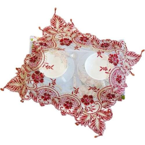 NEW Lace wine red sequin Embroidery table place mat Christmas pad Cloth placemat cup wedding tea coaster doily kitchen Accessory