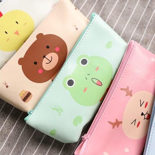 Cartoon Animals PU Pen Pencil Bag Holder Big Storage Student Stationery Kids Birthday Gift