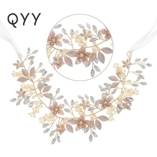 QYY Flower Pearl Headbands for Women Hair Accessories Crystal Bridal Wedding Hairband Headpiece Hair Jewelry Bridesmaid Gift