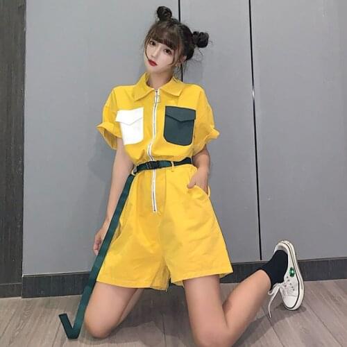 Work Clothes Jumpsuit Suit Womens New Summer Shorts Hit Color Pocket High Waist Casual Wide-leg Jumpsuit Women Suit Dropshippin