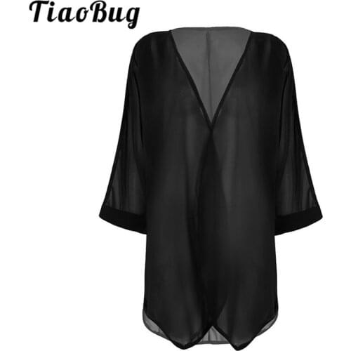 TiaoBug Women Ladies Solid Color Long Sleeve Open Front Ruffle Loose Chiffon Shawl Cardigan Bolero Shrug Beach Swimsuit Cover Up