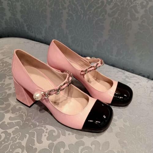 Patent Leather Big Head Heeled Shoes 2020 New Mary Jane High Heels Female Pearl Metal Chain Buckle Shallow Mouth Thick Heel Shoe