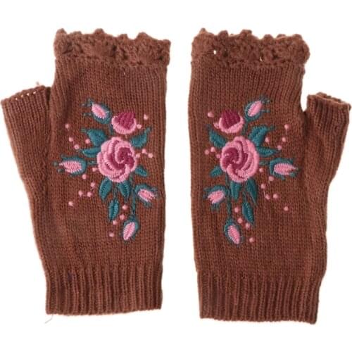 Women Winter Crochet Knitted Fingerless Gloves Sweet Colorful Floral Bee Embroidery Thumbhole Texting Mittens Stretchy Arm
