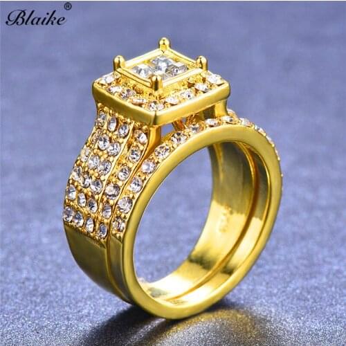 Blaike Yellow Gold Filled Rings Set For Women Men White Cubic Zirconia Ring Wedding Bands Female Fashion Jewelry Gifts