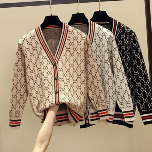 Womens New Spring And Autumn Cardigan Fashion Loose V-Neck Diamond Knitted Sweater Button Stitching Striped Versatile Jacket