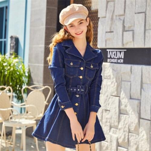 Autumn Women Pocket Loose Casual Denim Dress With Belt Korean Blue High Waist A-line Vintage Jean Dress Vestidos 2021 Moda Mujer