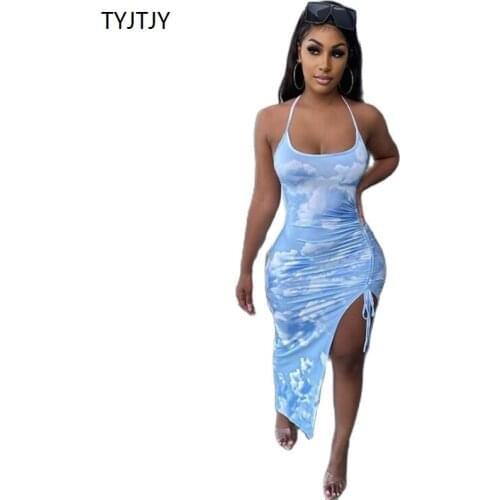 TYJTJY Tie Dye Drawstring Side Slit Women Maxi Dresses Strap Sleeveless Party Club Fashion Slim Backelss Bodycon Halter Dress