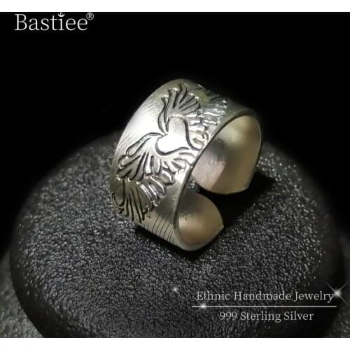 Angel Wings 9999 Sterling Silver Women Rings Antique Heart Ring Adjustable Vintage Handmade Miao Silver Luxury Jewelry Unisex