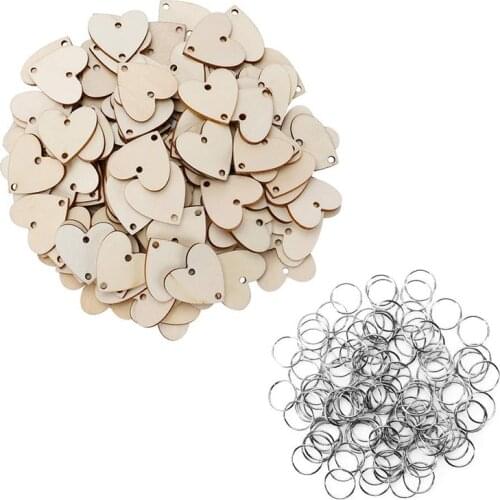 100pcs Heart Shaped Wooden Hanging Ornament Heart Craft Tags DIY Wood Crafts with Iron Rings for Wedding Party Decoration Gift