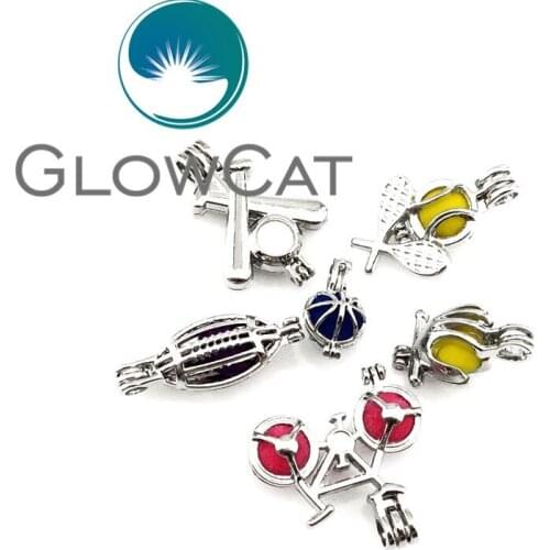 22139 Mixed Sports Bike Baseball American Football Tennis Basketball Oyster Pearl Beads Cage Floating Locket Pendant Men Boys