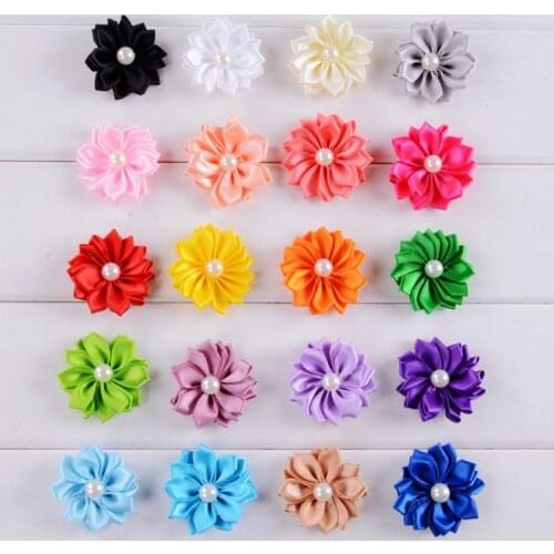 60pcs/lot 4cm Multilayer Star Shaped Mini Satin Ribbon Fabric Flower with pearls for girl Headband Hairpin Accessories