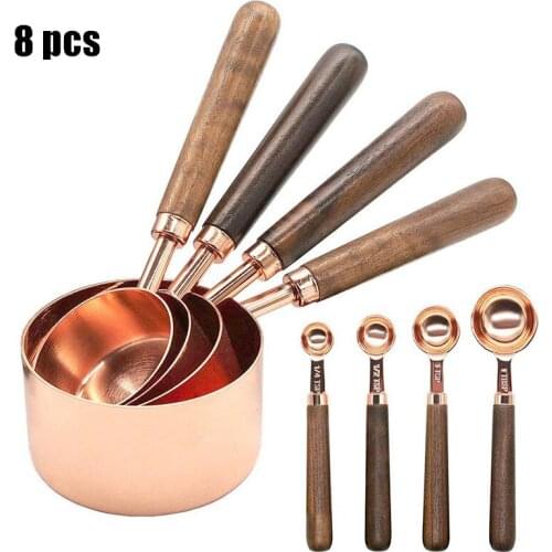 8pcs Kitchen Measuring Tool Stackable Cups Wooden Handle Spoon Set Rose Gold Stainless Steel Plating Measuring Cup Spoons Set