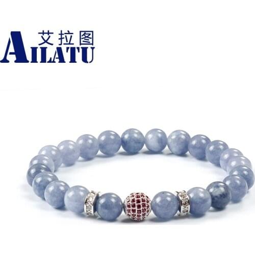 Ailatu Lovers' Gift 8mm Blue Stone Beads with Micro Inlay Cubic Zirconia Ball Charm Bracelet