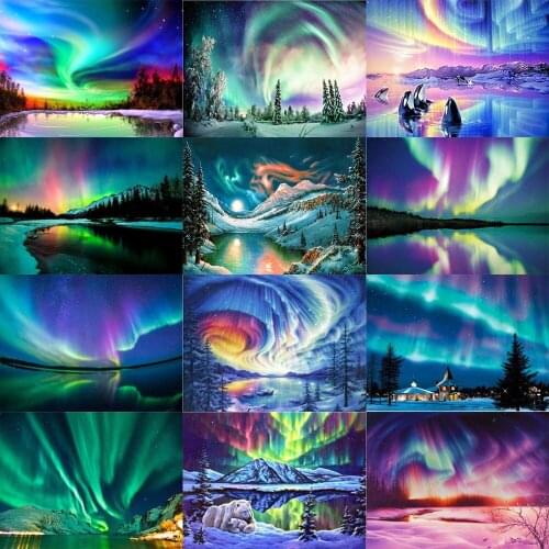 Diamond Painting Aurora Full Square、Round 5D DIY Diamond Embroidery Landscape Cross Stitch Kit Home Decor Crafts