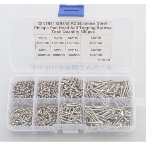 Free shipping 800 pcs 304 stainless steel m2 cross countersunk flat head self tapping screw sets