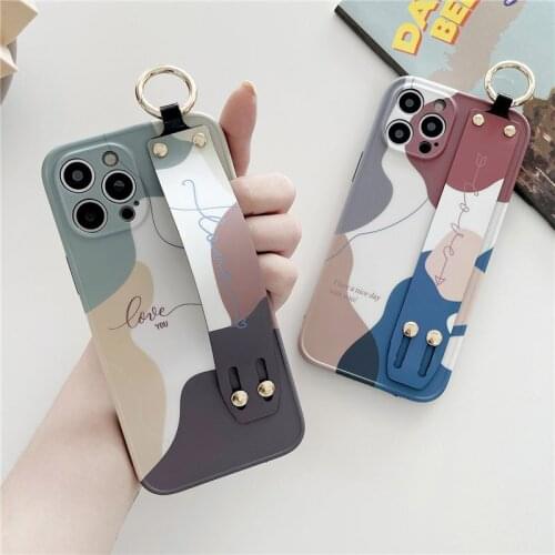 Wrist Strap Abstract Graffiti Phone Case For iPhone 11 12 Pro Max XR XS Max 7 8 Plus X SE 2020 Soft TPU Stand Holder Back Cover