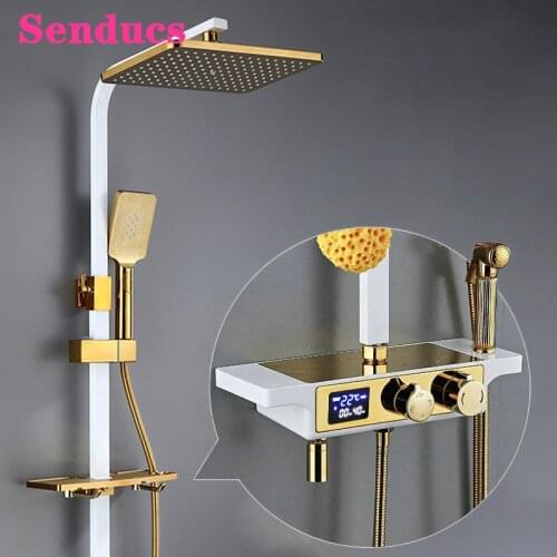 Bathroom Shower System Senducs Thermostatic Shower Set White Gold Bath Shower Faucets Rainfall Shower Head Digital Shower Sets