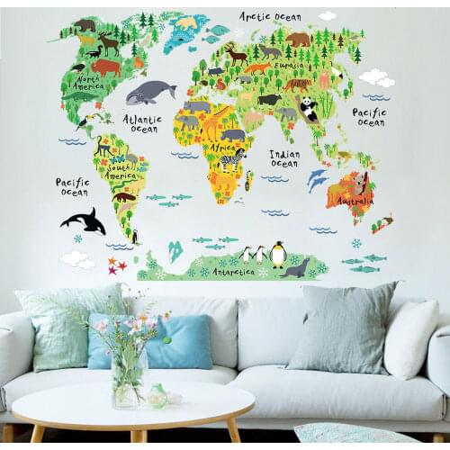 Colorful animal world map wall stickers for kids rooms living room home decorations pvc decal mural art 037 diy office wall art