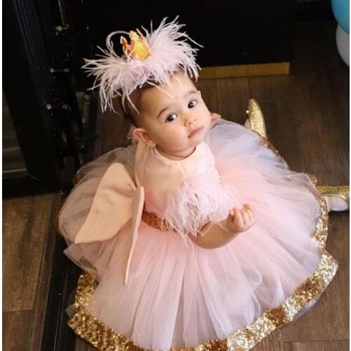 Cute pink flower girl dress golden sequin tulle toddler pageant costume kids Princess dress tutu outfits