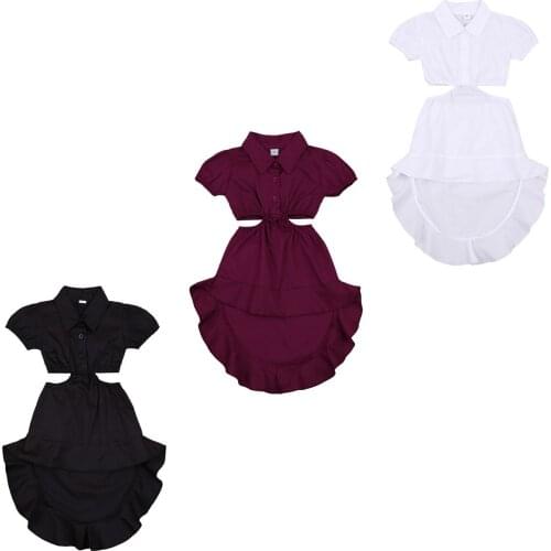 Girl’s Solid Color Shirt Dress Short Sleeve Shirt Top Hollowed Waist Asymmetrical Hem Skirt for Summer 1-6 Years