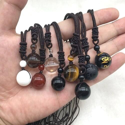 Natural Stone Pendant Necklace Black Obsidian Rainbow Eye Beads Ball Transfer Lucky Charm Ball Crystal For Women Men Jewelry