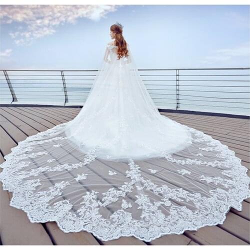 Luxury Bridal Veil with Comb 4 Meters Long Full Edge Lace Wedding Veil One Layer White Ivory Tulle New Arrival Veu de Noiva 2021