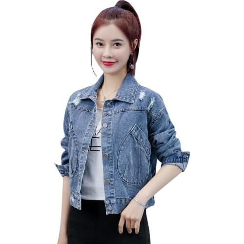 Ripped Denim Short Jacket Outerwear Woman Spring Jackets Female NEW Korean Long Sleeve Loose All-Match Cowboy Blouse Womens Coat