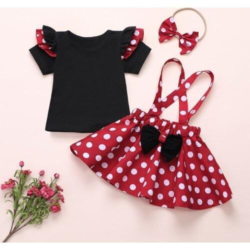 Polka Dot Mickey Printed 3PCS Outfits Toddler Baby Girls Petal sleeve T-shirt Tops Bow Suspender Skirt Headband Outfits Set