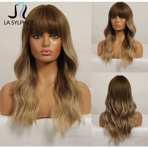 La Sylphide Synthetic Wig Long Wavy Root Dark Brown Ombre Brown Blonde Wigs with Bangs for White Black Woman Daily Party Use Wig