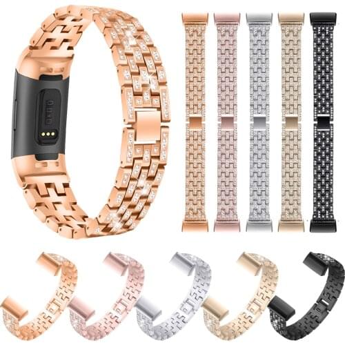 5 Colors Lady Bling Rhinestone Strap Fashion Stainless Steel Replacement Watch Band For Fitbit Charge 3 Wrist Band Strap
