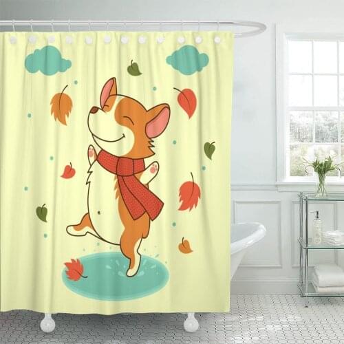Dog Jumping Autumn Puddles Welsh Corgi for Xmas New Shower Curtain Waterproof Fabric 72 x 72 Inches Set with Hooks