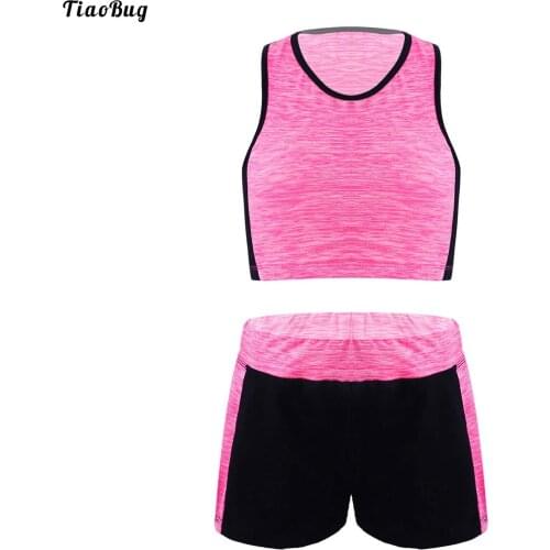 TiaoBug 2Pcs Kid Girls Sport Suit Round Neck Sleeveless Racer Back Crop Vest Tops And Shorts Set Sportswear For Running Yoga Gym