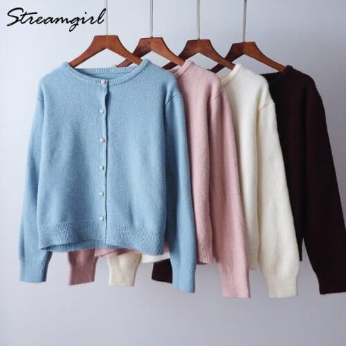 Streamgirl White Cardigan For Women Spring 2021 Fashion Cardigans With Pearl Knitted Coat Long Sleeve Button Up Cardigan Female