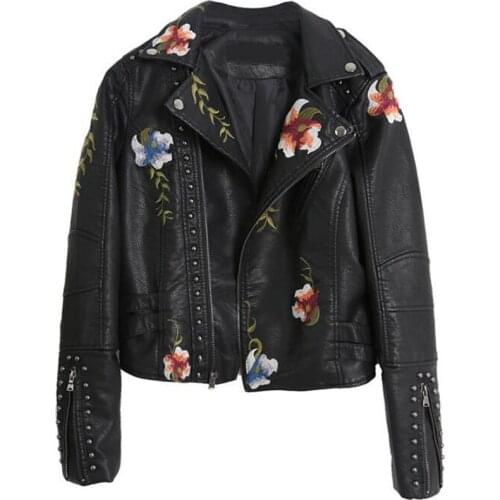 2021 New High Quality PU Embroidered Rivet Leather Jacket Women Coat Fashion Temperament Leather Clothing Motorcycle Jacket
