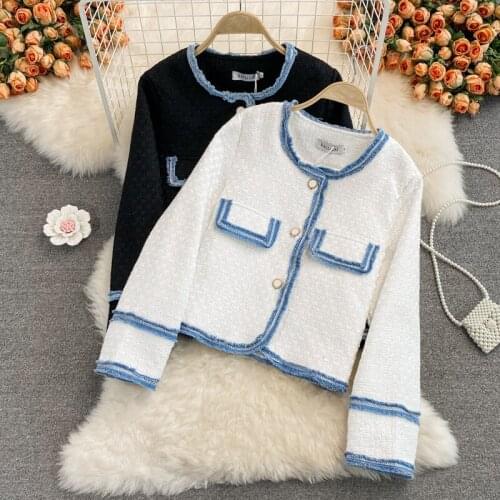 Woman Tweed Short Jacket O Collar Long Sleeve Loose French Fashion Vintage Style 2021 New Autumn Casual Temperament Jacket Top