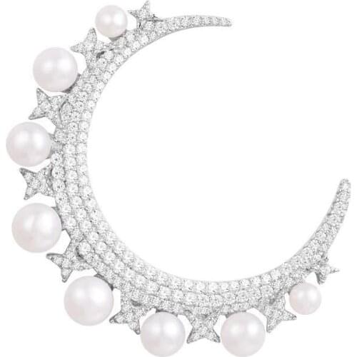 SLJELY Brand 1Pair 925 Sterling Silver Micro Cubic Zirconia Stones Star Moon Earrings with Pearl Fine Women Luxury Jewelry