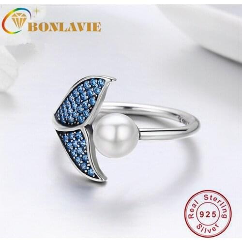 BONLAVIE Blue Fishtail Open Ring S925 Sterling Silver Women Fashion Ring Accessories Mermaid Pearl Ring