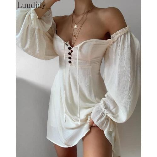 Women Sexy Off Shoulder Button Design Lantern Sleeve Dress Elegant Fashion Party Dress