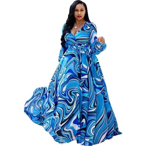 Kakan2019 autumn womens chiffon dress digital print bohemian beach dress large size loose dress womens S-3XL-5XL