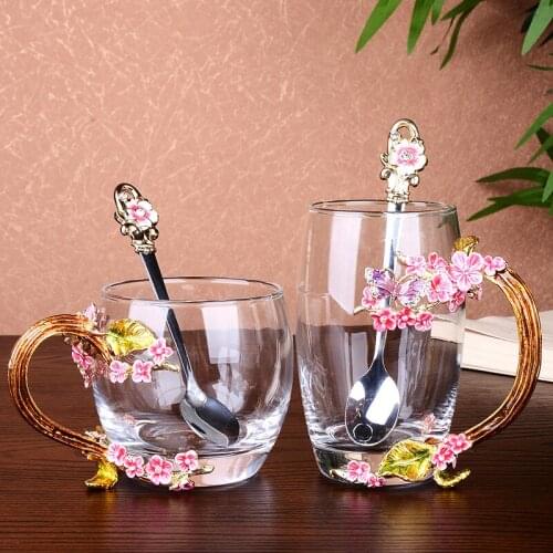 1 Piece Color Enamel Glass coffee milk cups heat resistant tea mugs with cover water home office drinkware with Spoon