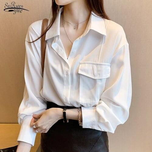 2021 Spring Summer New Loose Long Sleeve Solid White Shirts Tops Chiffon Shirt Blouses Women Korean Office Casual Dames Blouse