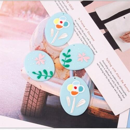 Spring style 30pcs/lot Relief effect cartoon flowers print geometry ovals shape acrylic beads diy jewelry earring accessory