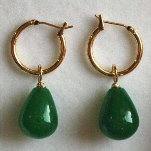 Free Shipping wholesale nice Jewelry golden metal+water drop 12*16mm green Jades bread Earings