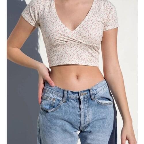 Brandy Mandy Tops V-neck Vintage Short Sleeve Women Crop Top Flower Print Cross Pleated T-shirt Casual Female Tee Shirt Slim Top