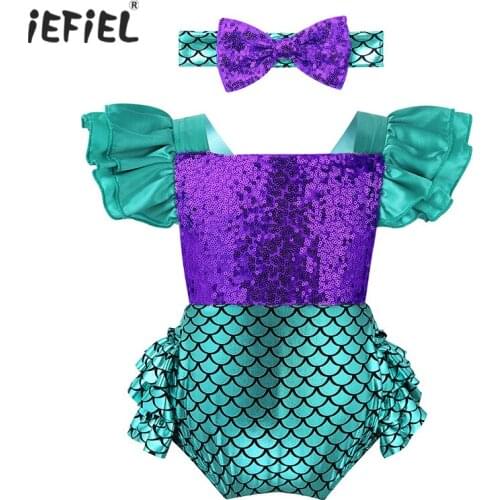 Infant Baby Girls Shiny Sequins & Fish Scales Printed Ruffled Shoulder Straps Backless Romper Jumpsuit Sunsuit Clothes Outfits