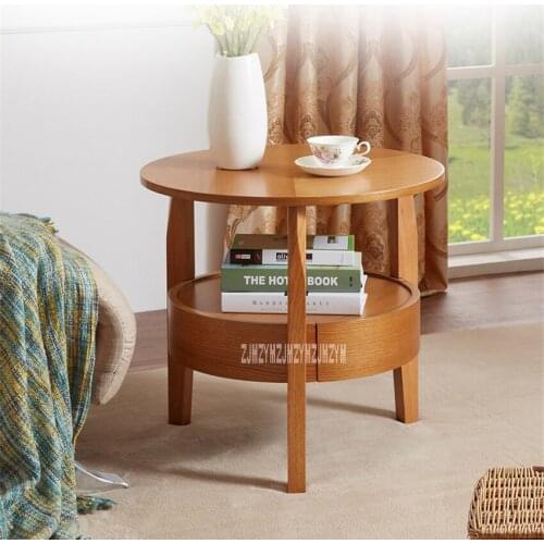 XJ-82028 Small Solid Wooden Round Table Mini Tea Table Living Room Storage Cabinet Corner Coffee Table Sofa Side Table 1-Drawer