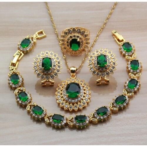 Dubai Yellow Gold Color Jewelry Sets For Women Fashion Accessories Green Cubic Zircon Big Flower Sets