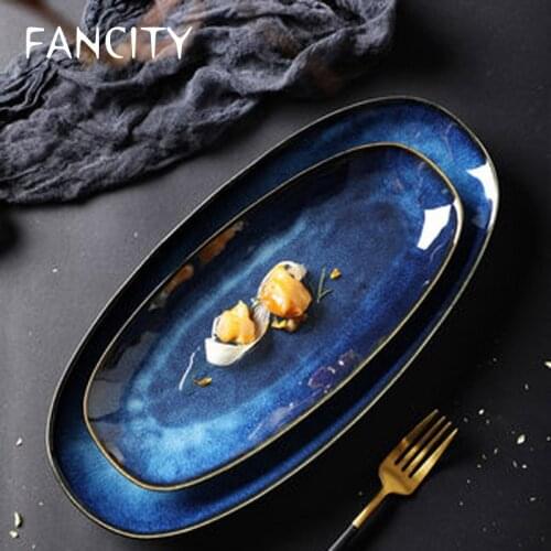 FANCITY Large kiln ceramic fish dish oval dish dish dish fish dish sushi dish western food dish Dan-shaped dish serving
