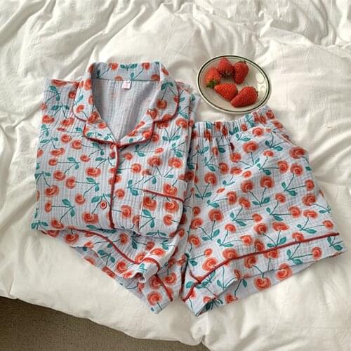 Fdfklak Summer New Cotton Floral Print Sleepwear Korean Cardigan Pajama Set Short-Sleeved Shorts Thin Section Home Service